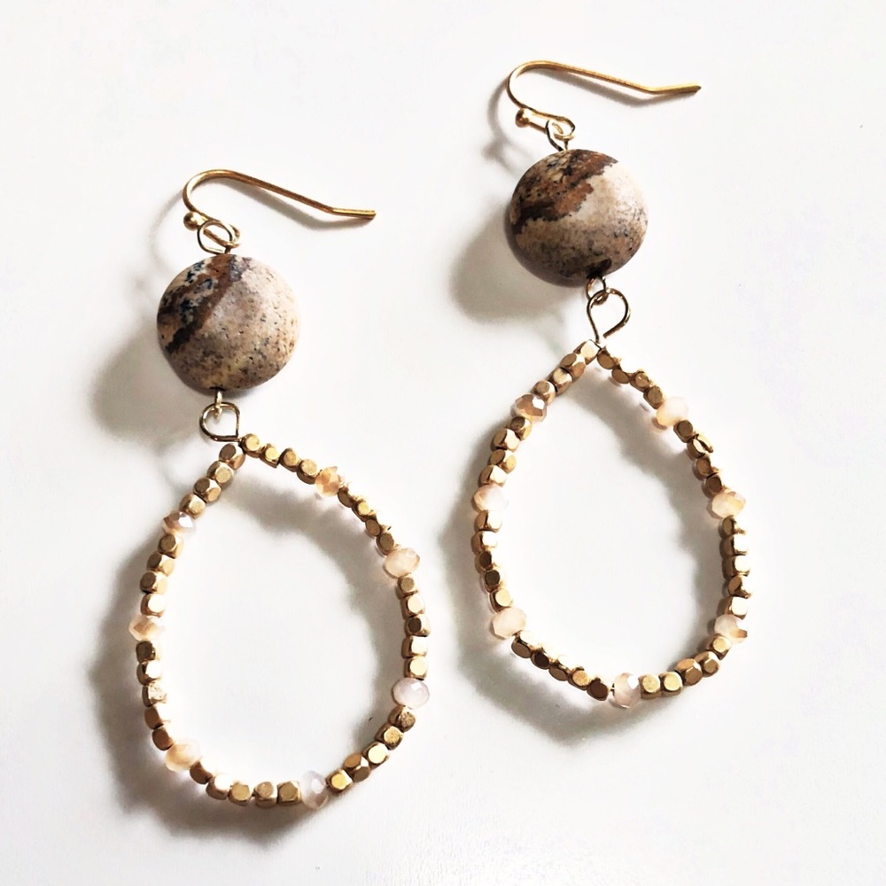 Gold Bead and Stone Hoop Earrings